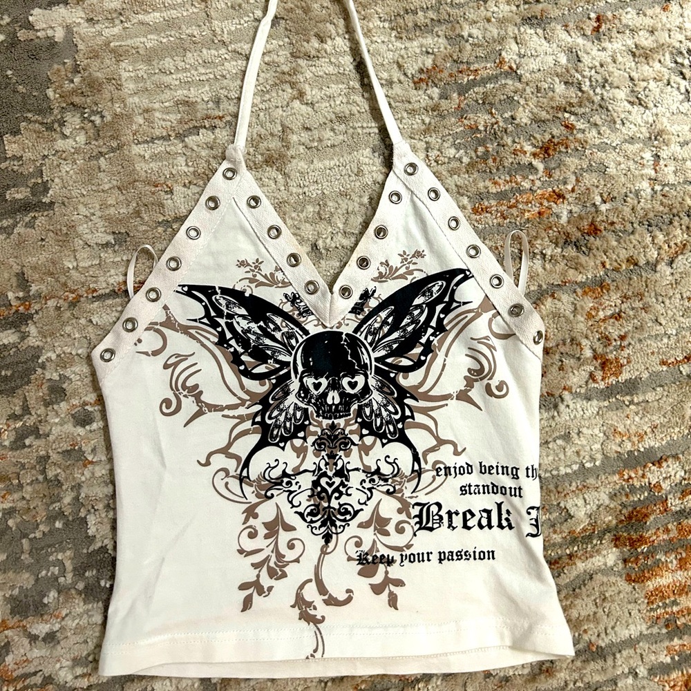 Y2K white over-neck crop top. Size: S